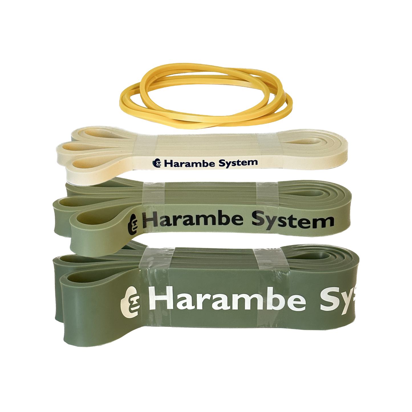 Picture of all four bands in the bundle. Colors are yellow, white, light green, and dark green.