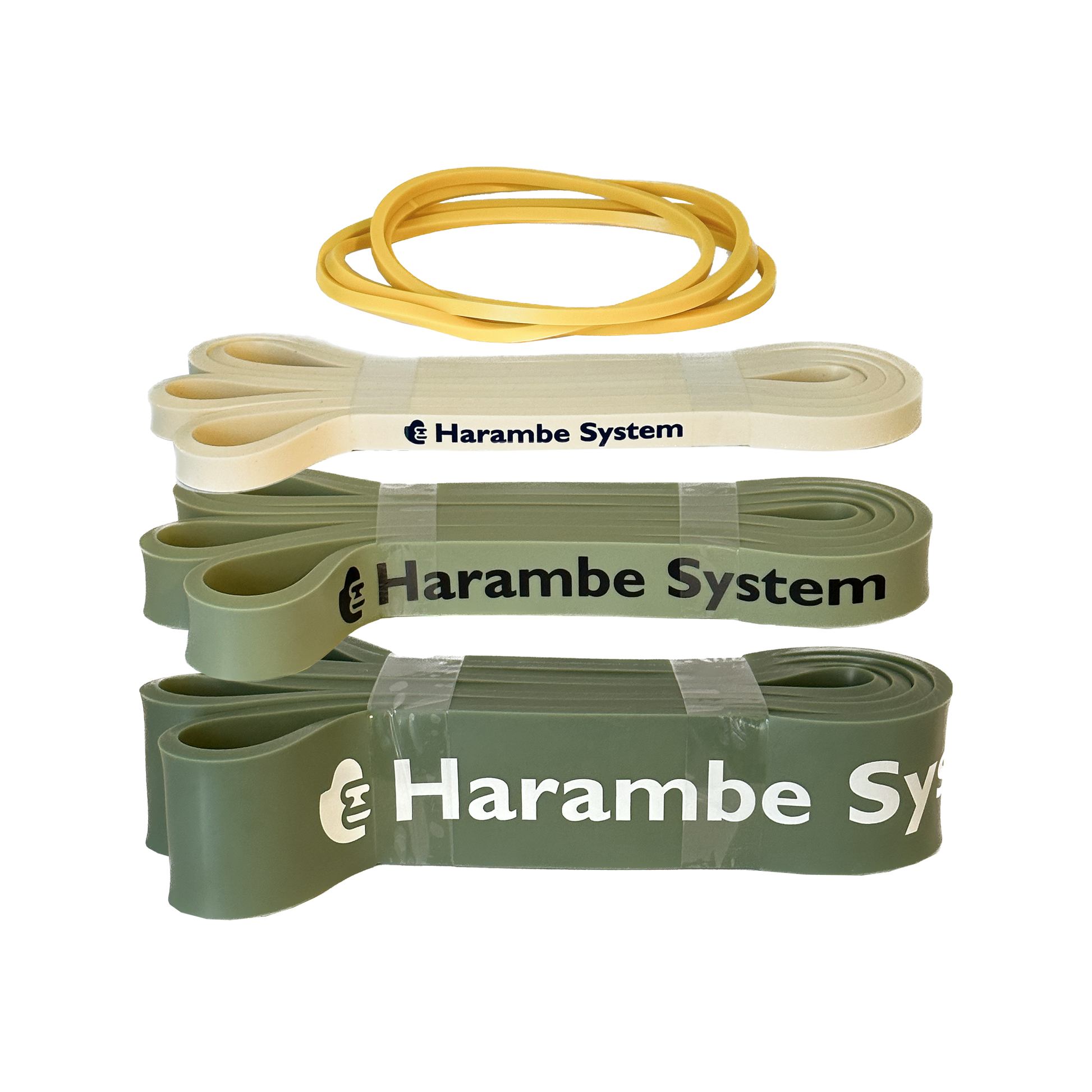 Picture of all four bands in the bundle. Colors are yellow, white, light green, and dark green.
