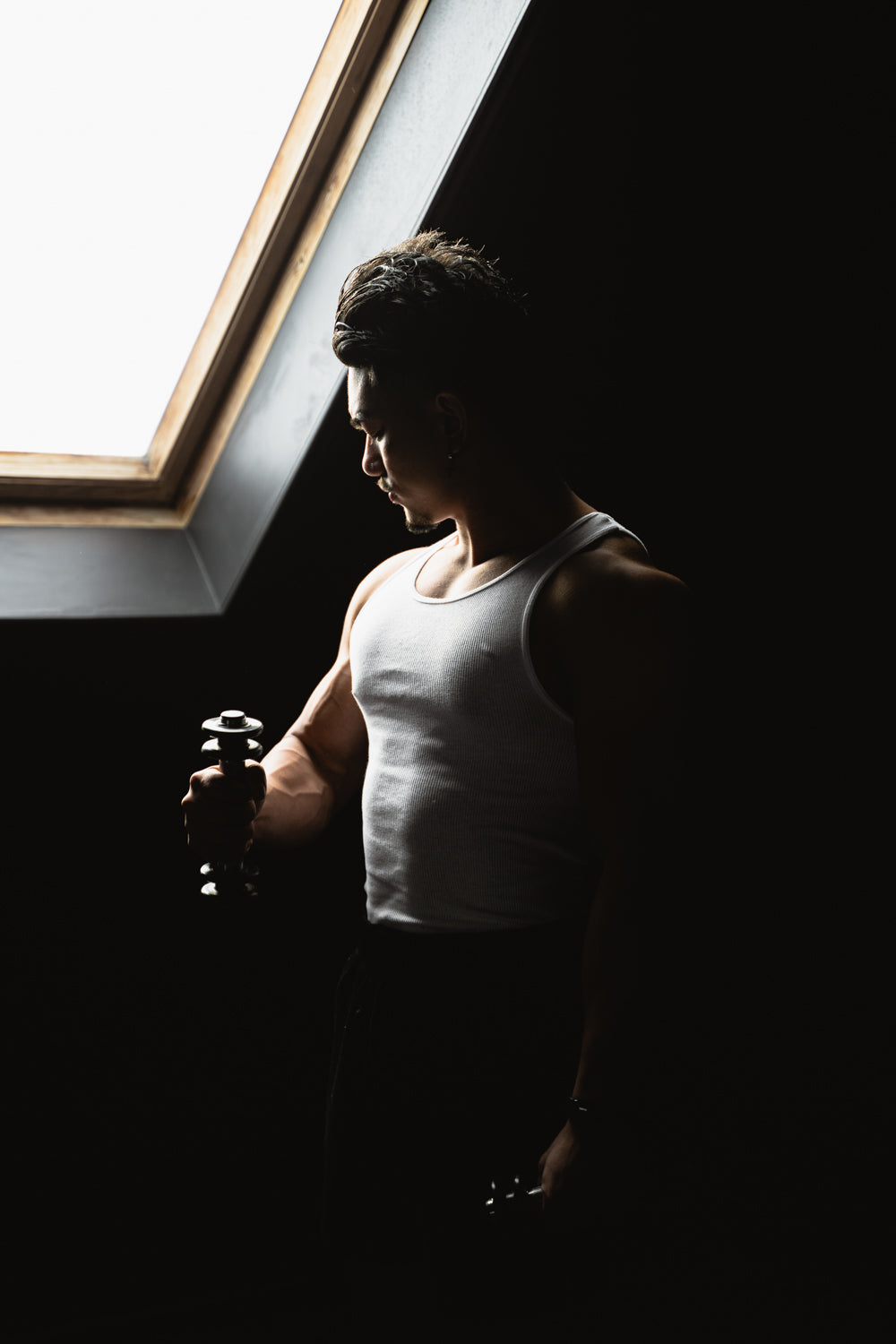 Man holding T Handles in a dark room with a skylight.