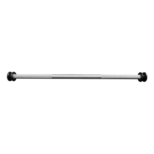 Side view of the K Bar showing two pulleys on the ends and knurling on the outer 2/3rds of the bar.