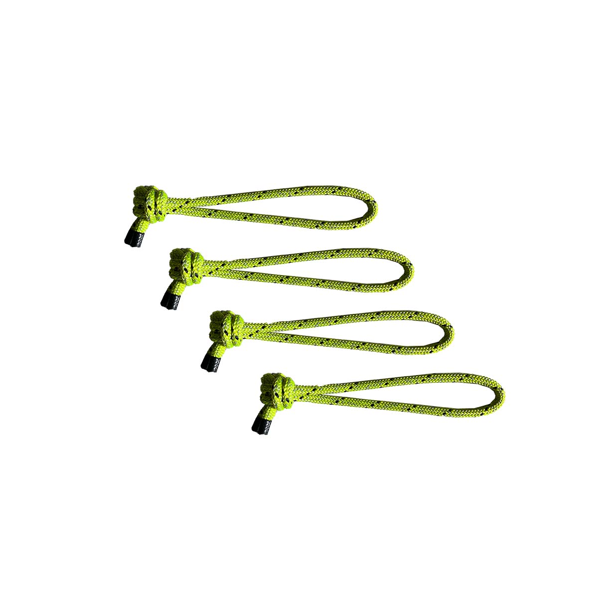 A picture of 4 blaze ropes consisting of one set. The rope is yellow with black flecks and each loop has a figure 8 knot stopper.