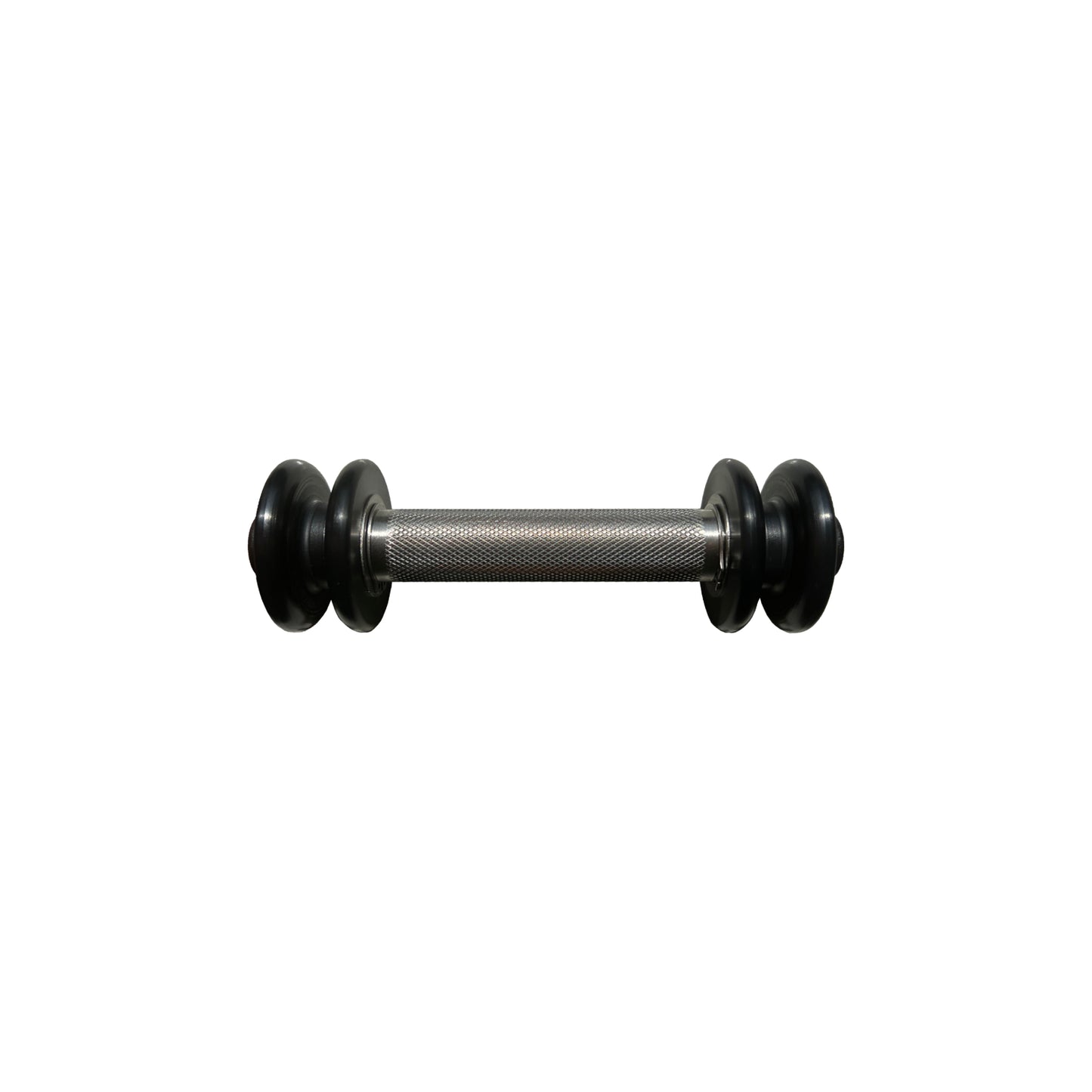 Picture of the T Handle. A steel bar with two black pulleys at the end. Features volcano knurling grip in the center.