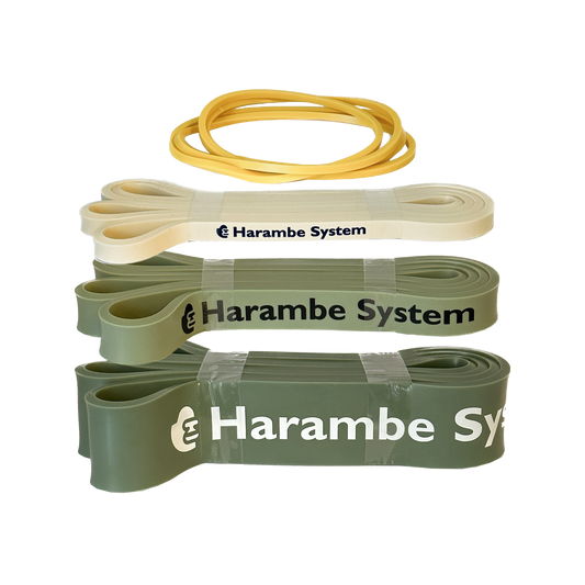 Picture of all four bands in the bundle. Colors are yellow, white, light green, and dark green.