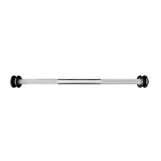 Side view of the T Bar. A stainless steel bar with two pulley on ends and volcano knurling.