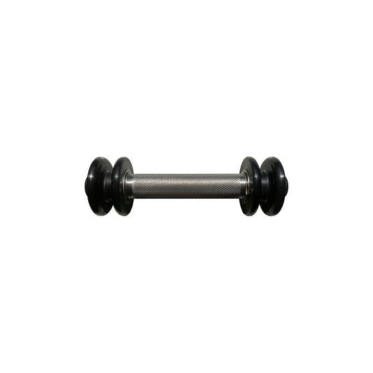 Picture of the T Handle. A steel bar with two black pulleys at the end. Features volcano knurling grip in the center.